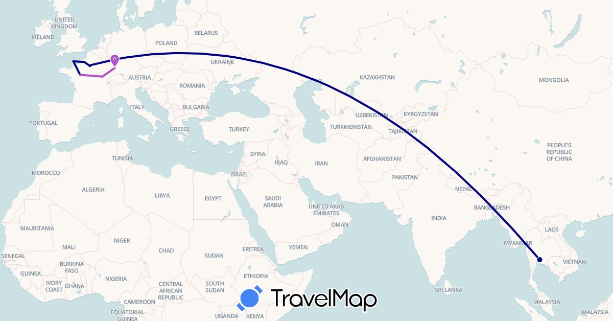 TravelMap itinerary: driving, train in France, Thailand (Asia, Europe)